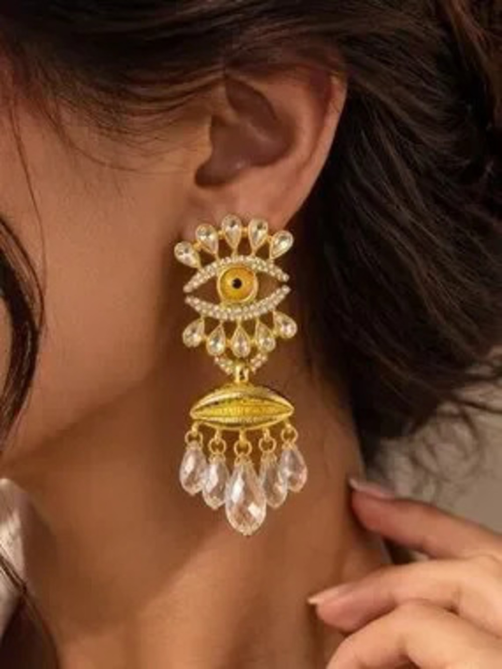 Gold Evil Eye Crystal Chandelier Earrings
